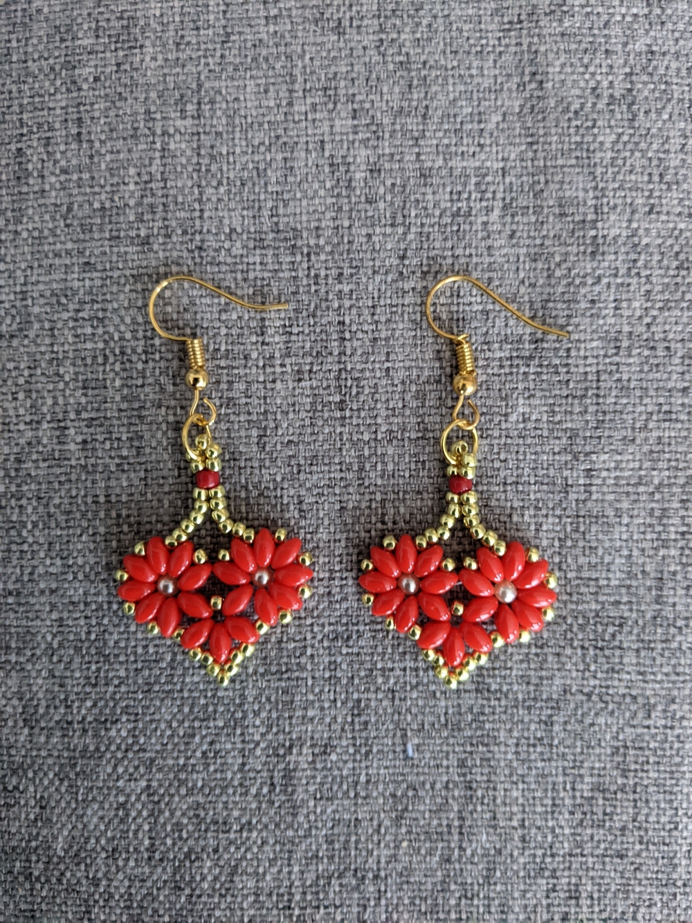 Gold-Tone Red Floral Drop Earrings with Bead Accents